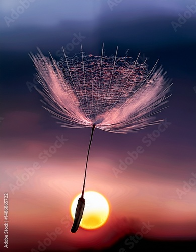 A dandelion seed head against a sunset sky with a glowing sun circle behind