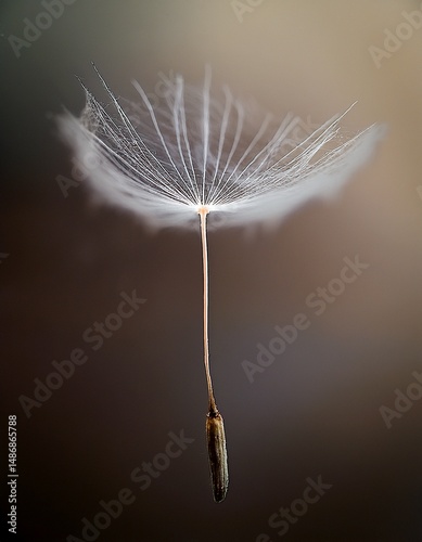 A single dandelion seed with its delicate parachute against a dark background