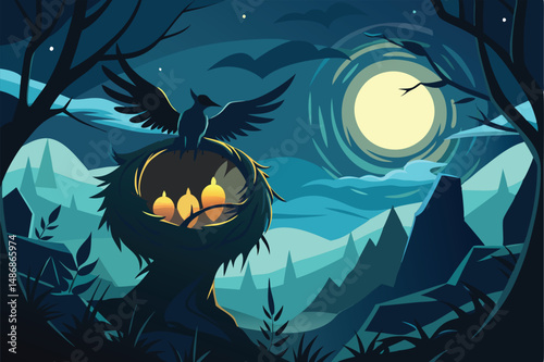 Ethereal Silhouette of a Phoenix Nest Glowing Under the Lunar Embrace