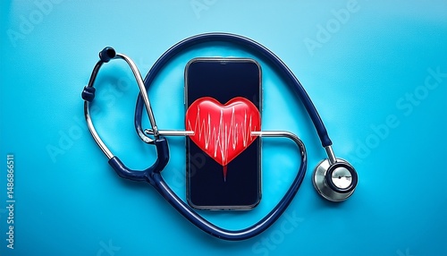 Stethoscope around phone with heart rate on screen against a blue backdrop