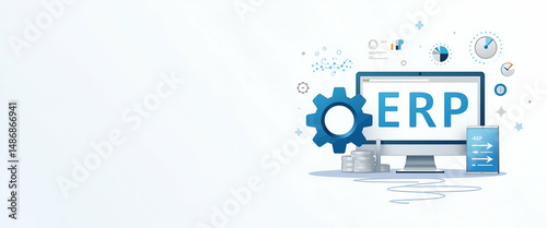 Photo Realistic ERP Software Interface with Gear Icon - Vector Illustration for Business Process Management and System Integration on White Background