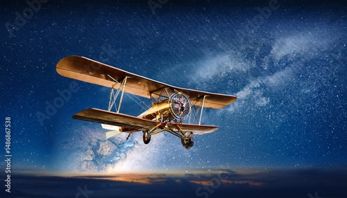Vintage biplane flying through a starry night sky above cloud horizon line