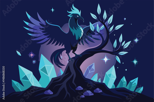 Majestic Phoenix Silhouette Perched Atop a Verdant Tree Silhouette