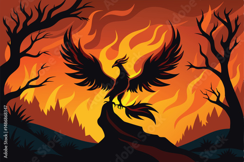 Serene Silhouette of a Phoenix Residing on an Enchanted Tree of Fire