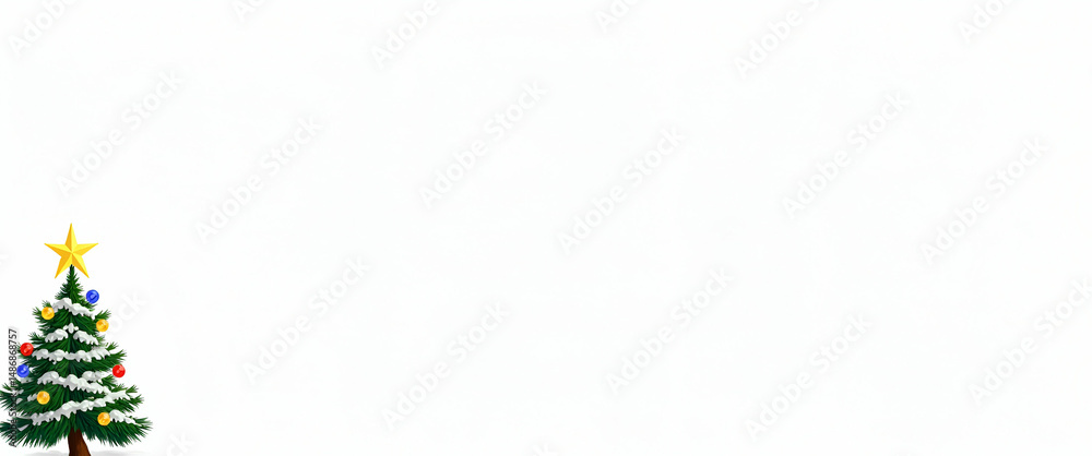 Obraz premium Vector illustration of a Christmas tree with lightbulbs, stars, and ornaments, featuring snow on leaves, isolated on white background with empty space for text.