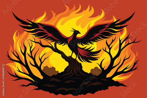 Mythic Silhouette: Phoenix in a Verdant Treetop Sanctuary