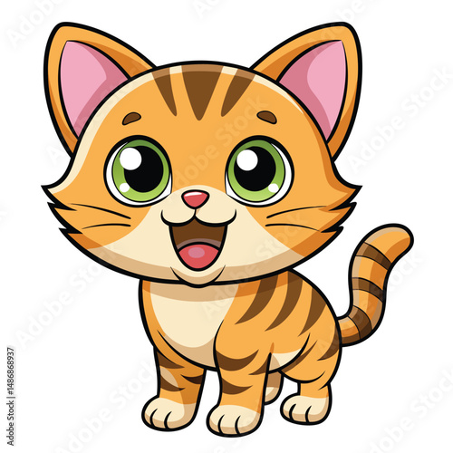 A cute tabby kitten with wide, excited eyes and an open mouth with white background.
