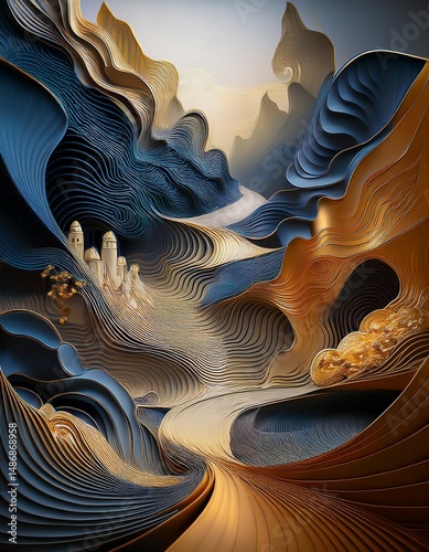 Abstract landscape with flowing lines and a distant city in gold and blue