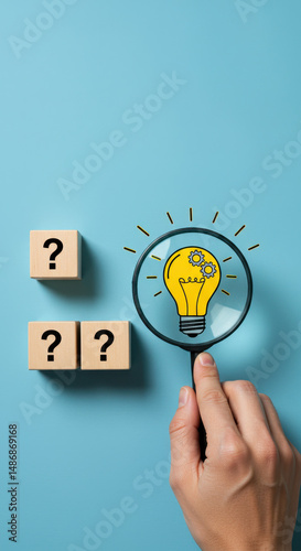 Finding Solutions: Question Marks to Lightbulb Moment with Magnifying Glass - Ideas, Innovation, & Problem Solving Visual