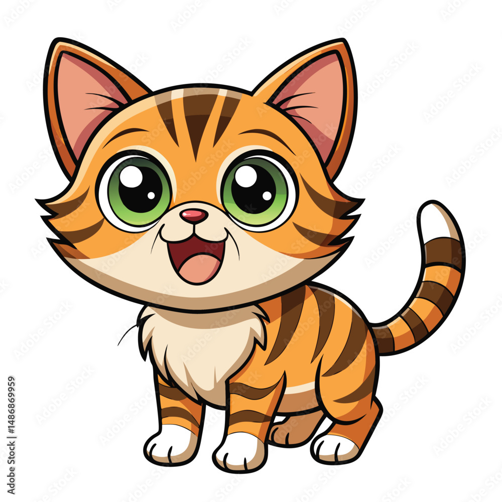 Obraz premium A cute tabby kitten with wide, excited eyes and an open mouth with white background.