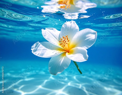 A single white flower with yellow center floating underwater in clear blue water