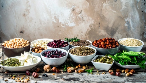 Assortment of legumes nuts and seeds in bowls on a wooden surface against wall