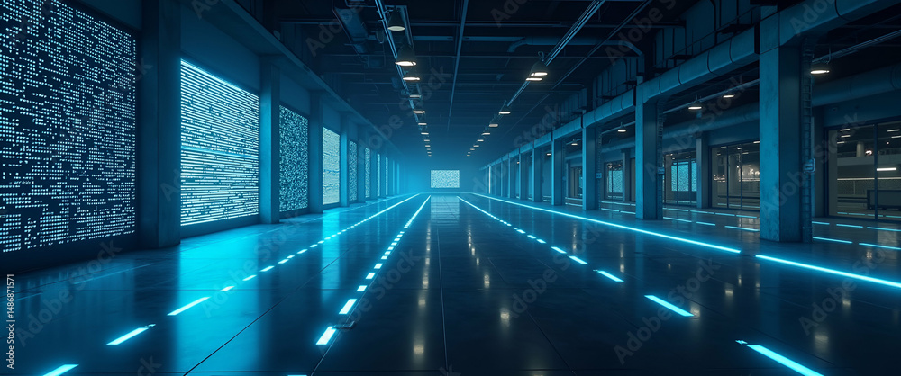 Fototapeta premium Modern Minimalist Wallpaper: Expansive Space Showcasing AI Robotics and High-Tech Automation for Industrial Efficiency in Digital Art