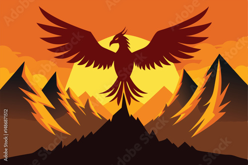 Mystical Silhouette of a Phoenix Rising from the Ashes with Spread Wings over a Mountaintop