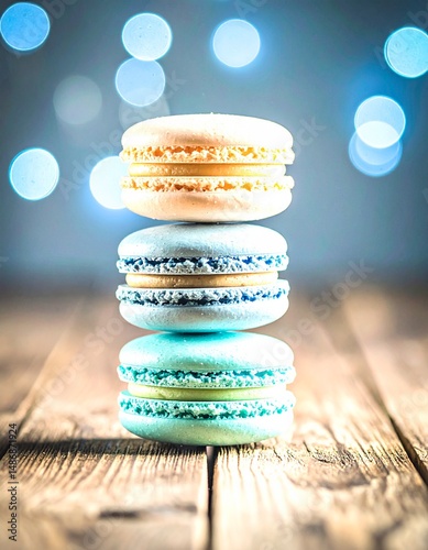A stack of three colorful macarons on a wooden surface with bokeh background