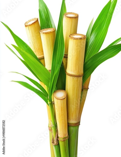 Bunch of light yellow-green bamboo stalks with vibrant green leaves.  Close-up, healthy, and fresh, showing the plant's structure