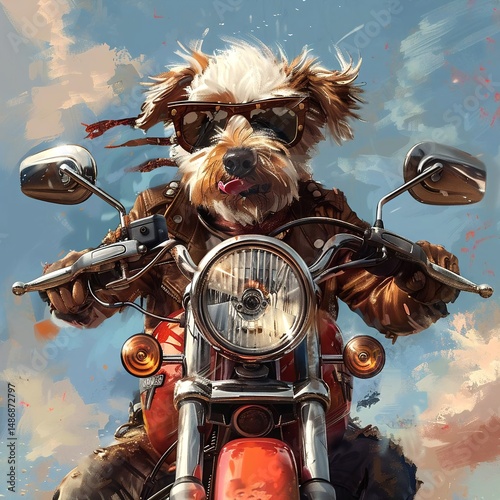 A stylish dog in a brown leather jacket and sunglasses rides a vintage red Harley Davidson motorcycle on a sunny day, tongue out and enjoying the freedom.