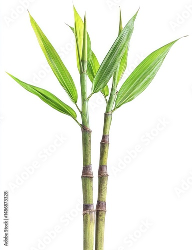 Two young bamboo stalks with vibrant green leaves.  Fresh, healthy growth