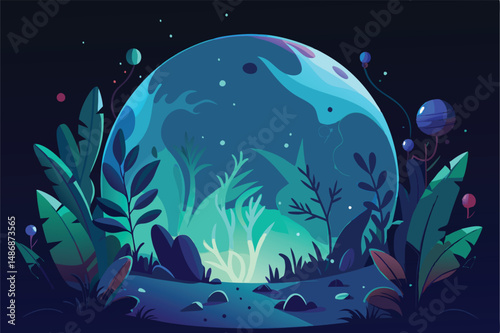 Bioluminescent Planet Silhouetted Against a Mysterious Space