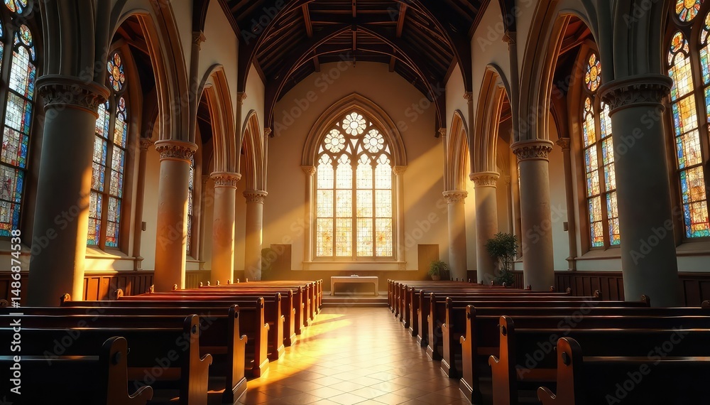Fototapeta premium Tranquil parish church interior, sunlight streaming through stained glass windows , church building, pews