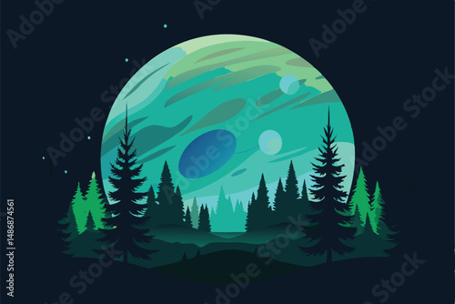 Planet's Edge with Verdant Woodland Forest Silhouette