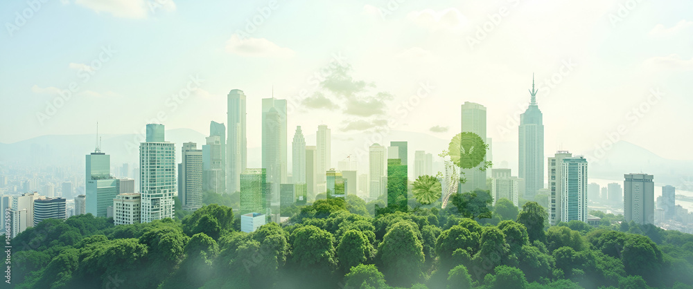 Obraz premium Photo realistic top view of a cityscape blended with environmental icons symbolizing green urban development, eco-friendly infrastructure, and ample copy space.