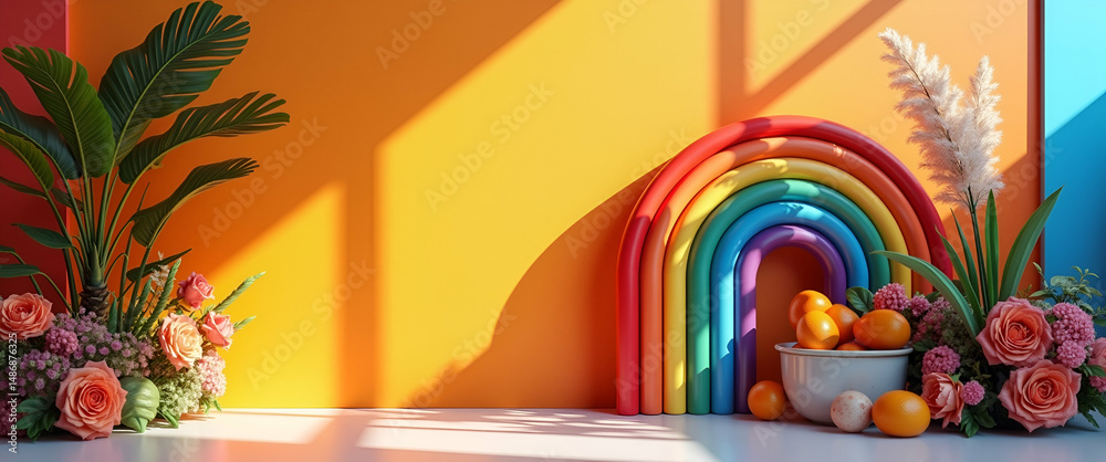 Fototapeta premium Elevate Your Pride Month Celebrations: Premium High-Resolution Stock Photos of Sophisticated Festival Decor, Vibrant Color Schemes, and Cultural Symbols with Left-Side Empty Space for Customization