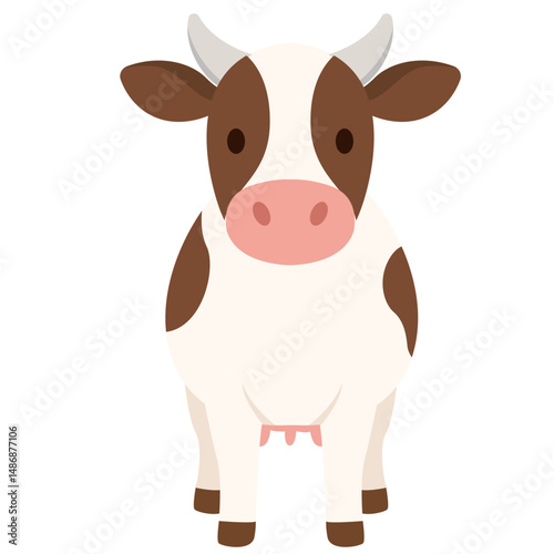 A cartoon-style illustration of a white and brown cow with a pink nose and udder, standing in a farm-inspired style.