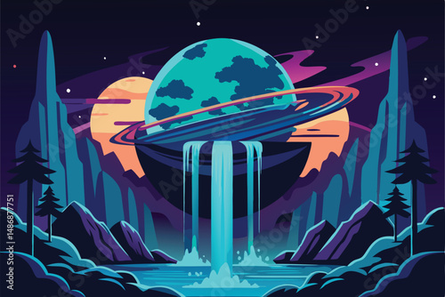Ethereal Silhouette of a Distant Planet with Luminescent Waterfalls