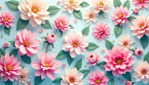 Delicate, densely packed repeating floral motif in pastel shades, retro, art