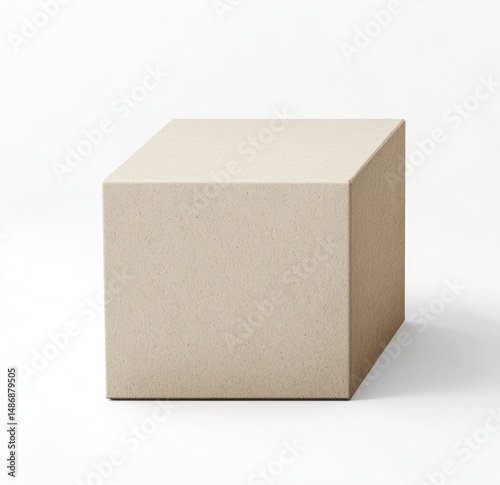 Beige cube-shaped object, simple and neutral.  Solid, uniform, and neutral.  A blank, unadorned, square block