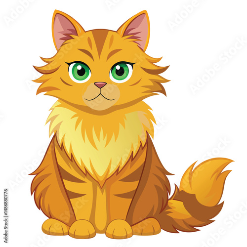 A fluffy golden tabby cat with a flat face and grumpy expression is sitting upright with white background.