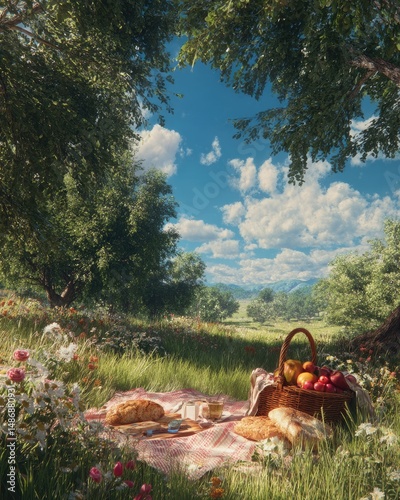 Wallpaper Mural Summer picnic in a sunlit meadow with a fruit basket and blanket, family enjoying the outdoors, bright midday light, vibrant and photorealistic Torontodigital.ca