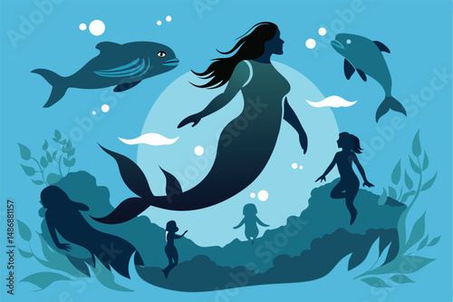 Silhouette of a Selkie Swimming Gracefully with Family Whales in a Serene Sea