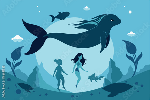 Mesmerizing Silhouette of a Selkie Swimming with Its Family Underwater
