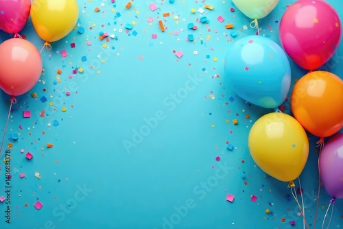 Happy birthday! Festive blue background with confetti and balloons , design background, light, event background