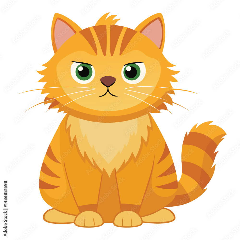 Obraz premium A fluffy golden tabby cat with a flat face and grumpy expression is sitting upright with white background.