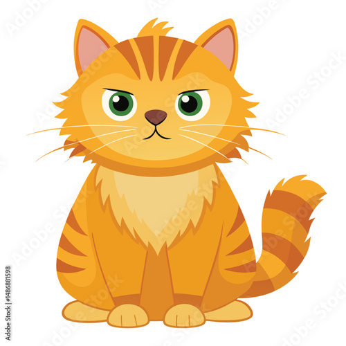 A fluffy golden tabby cat with a flat face and grumpy expression is sitting upright with white background.