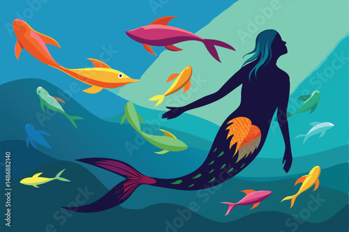 Silhouette of a Serene Selkie Swimming Amidst a Vibrant Underwater Symphony