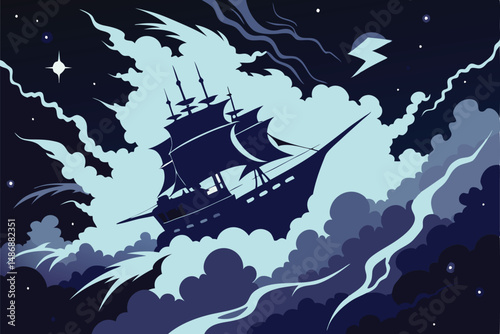 Cosmic Odyssey: Silhouette of a Ship Amidst Celestial Tempest