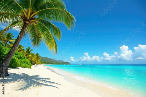 Hawaiian beach scene, turquoise water, white sand, palm trees , beach, vacation, sea