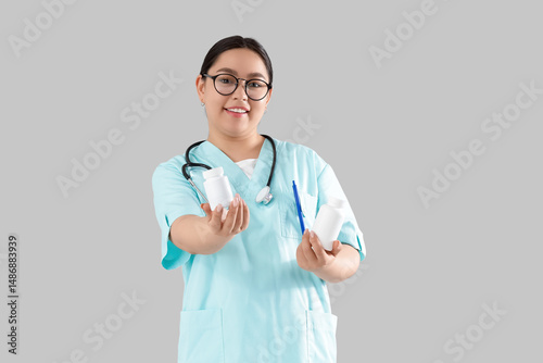 Female doctor with pill bot...