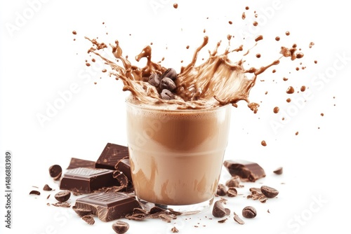 Chocolate drink splashing from a glass, surrounded by chocolate pieces and coffee beans