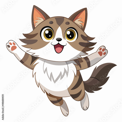 A fluffy, tabby and white cat with wide eyes and an open mouth is leaping upwards with outstretched paws with white background.