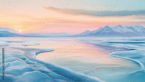 Frozen Lake Sunrise with Mountain View.