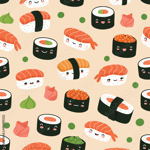 This adorable seamless pattern features cartoon sushi rolls, nigiri, wasabi, and ginger on a beige background.