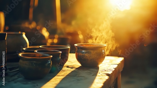 Warm golden light ceramic bowls steaming drink sunrise still life