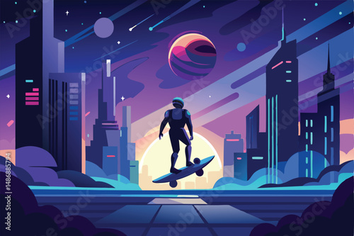 Silhouette of a Space Traveler Soaring Through the Cosmos on a Hoverboard
