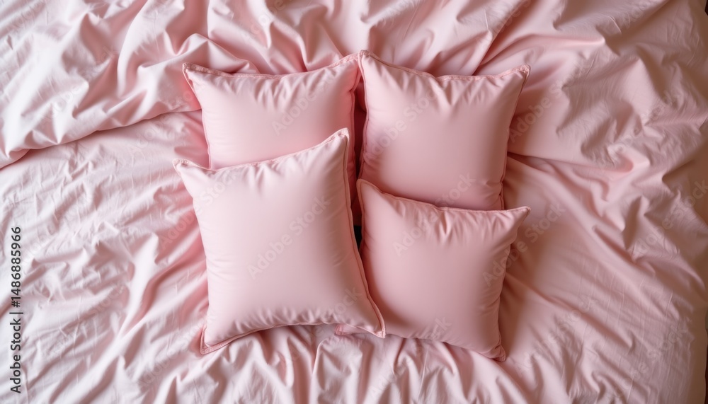 Fototapeta premium Soft pink decorative cushions on cozy bed home interior textile photography comforting atmosphere aesthetic view