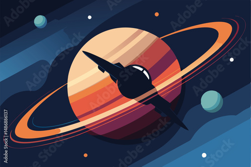 Silhouette of a Spaceship Soaring through the Majesty of Saturn's Rings